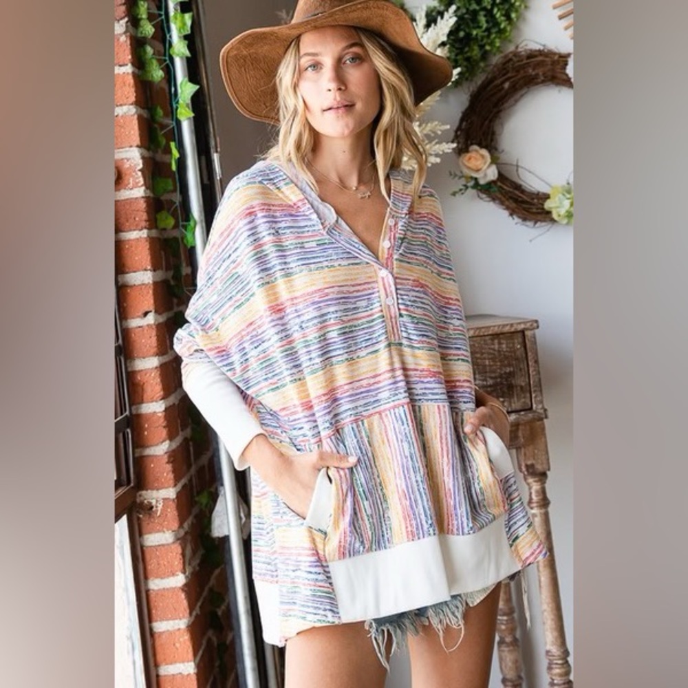 BUCKETLIST Multicolor Striped Oversized Hoodie Top Women's Size Large